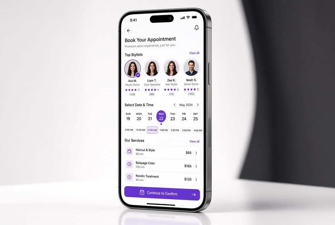 Salon booking app appointment flow with stylist selection, calendar, and services