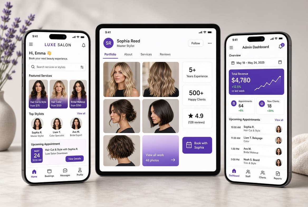 Custom salon booking app across client, stylist, and admin devices by Devtyx