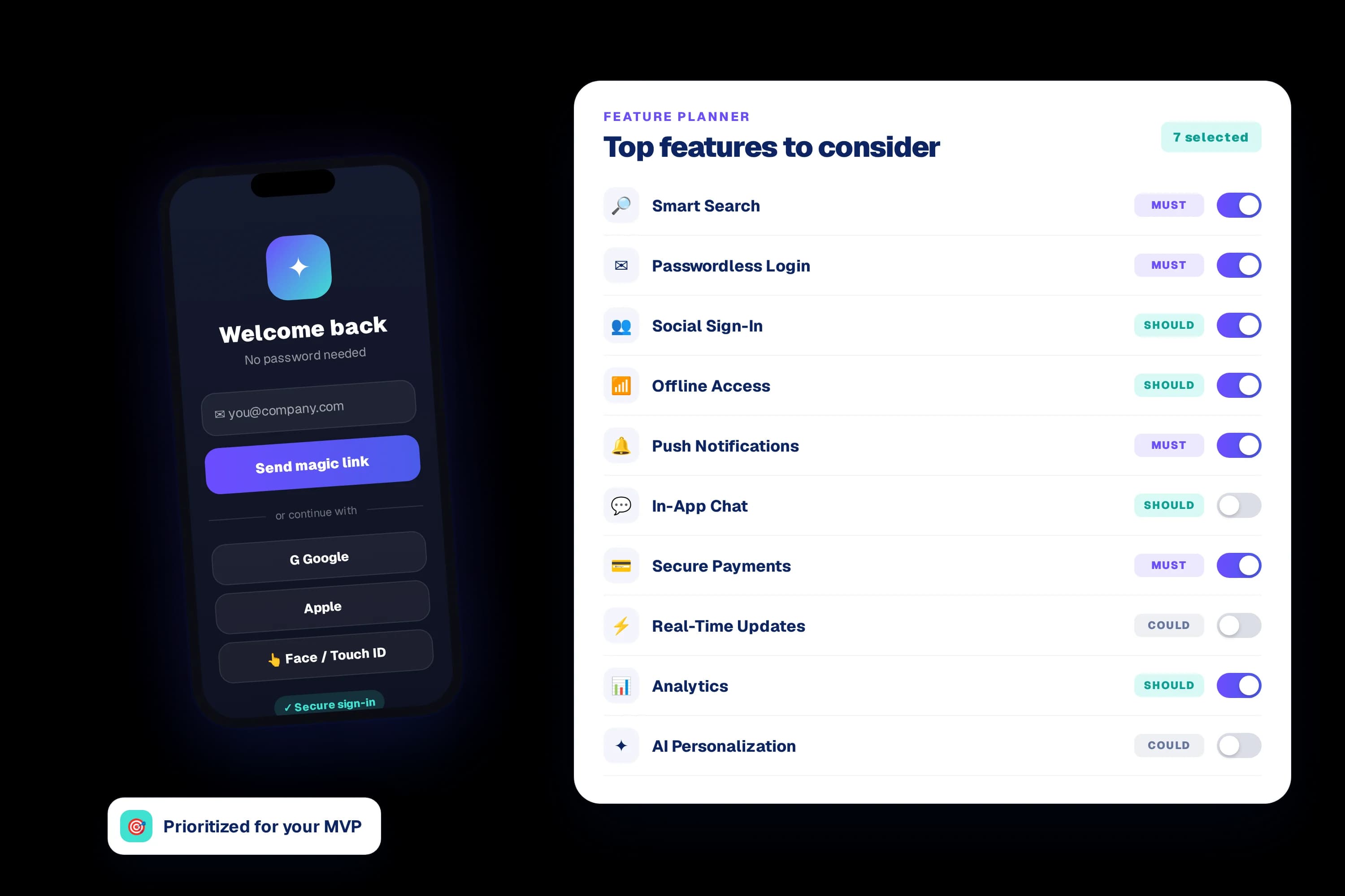 A feature planner prioritizing smart search, passwordless login, offline access, push notifications and more