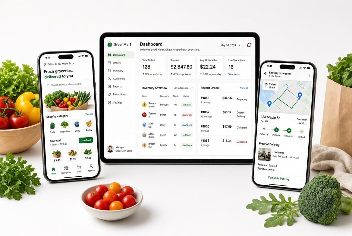 DEVTYX end-to-end grocery app solutions — customer app, admin dashboard and driver app