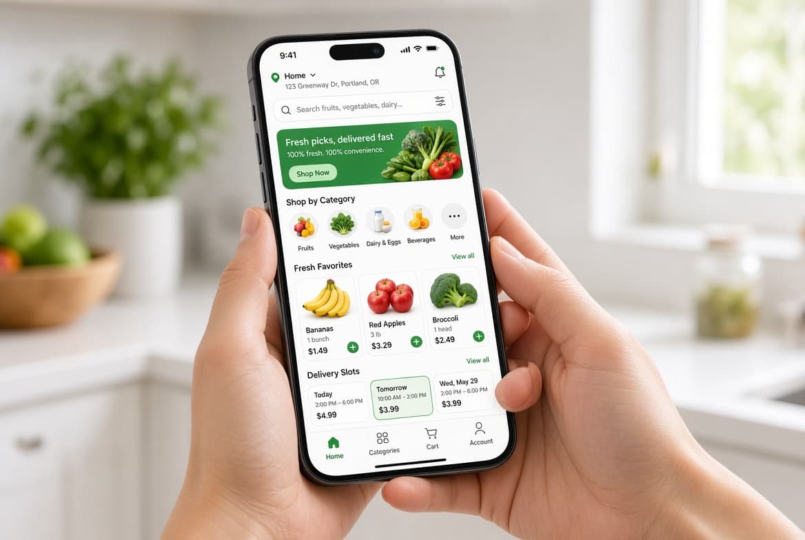 DEVTYX grocery app development — shopper browsing fresh produce on mobile