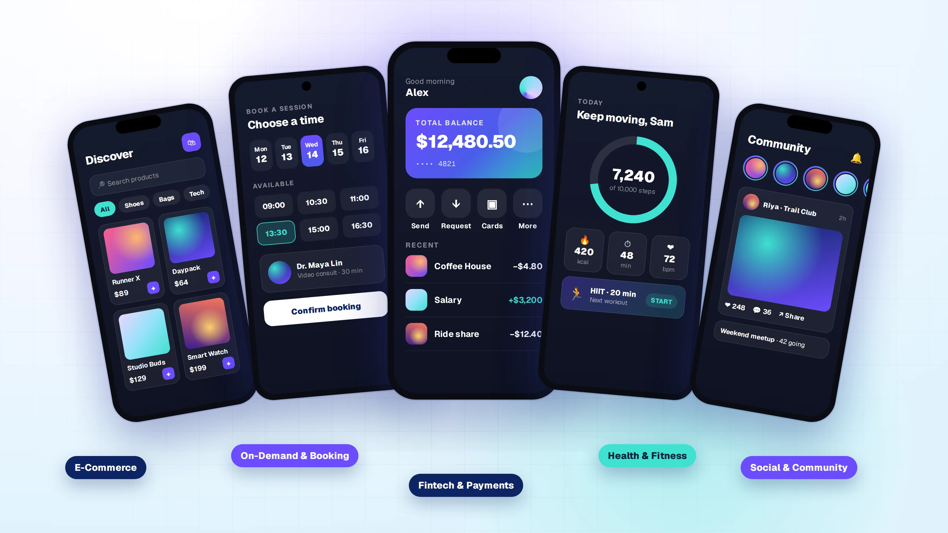 Hybrid apps DEVTYX builds: e-commerce, on-demand booking, fintech, health and fitness, and social apps