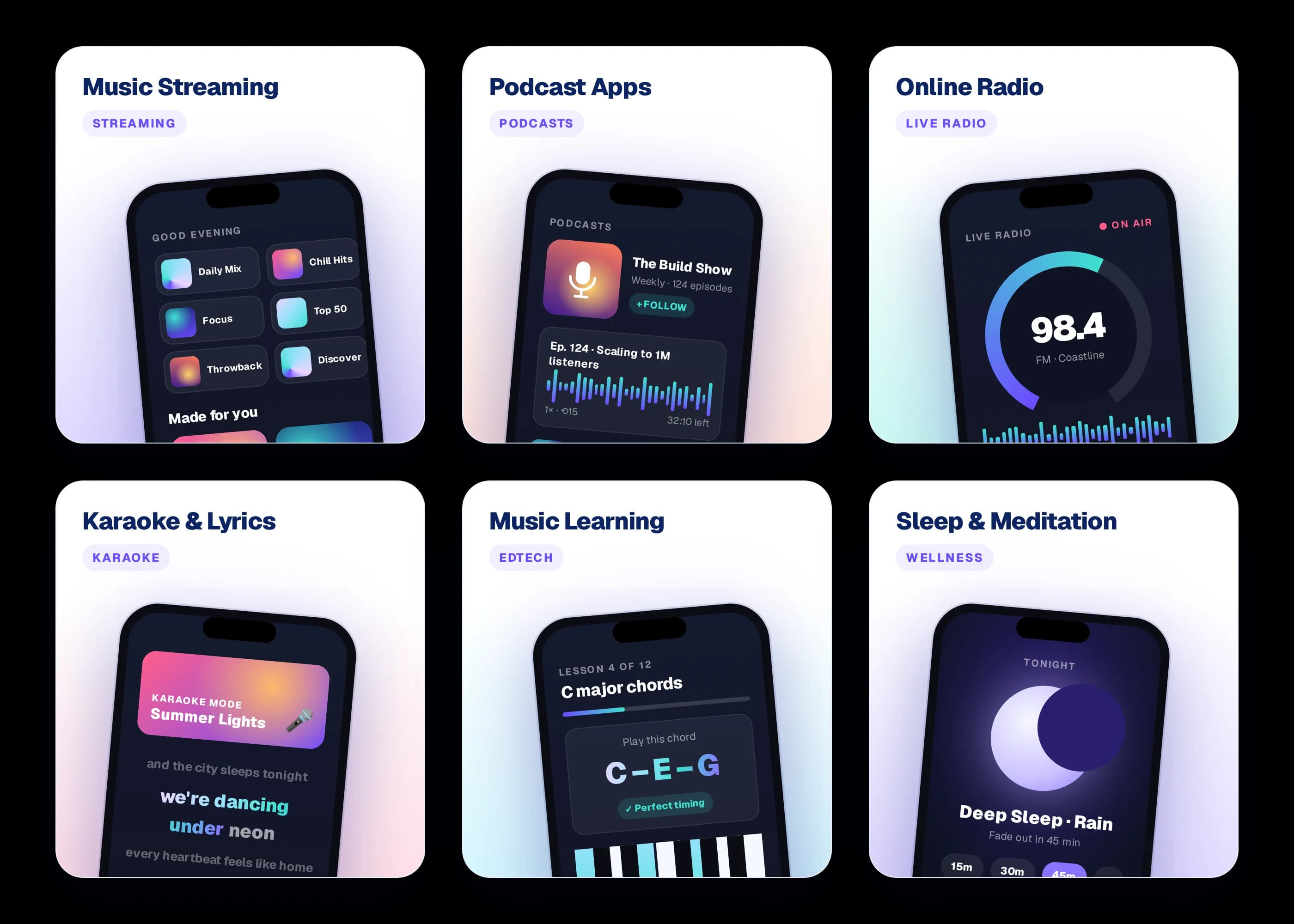 Music streaming, podcast, radio, karaoke, learning and sleep app types DEVTYX builds