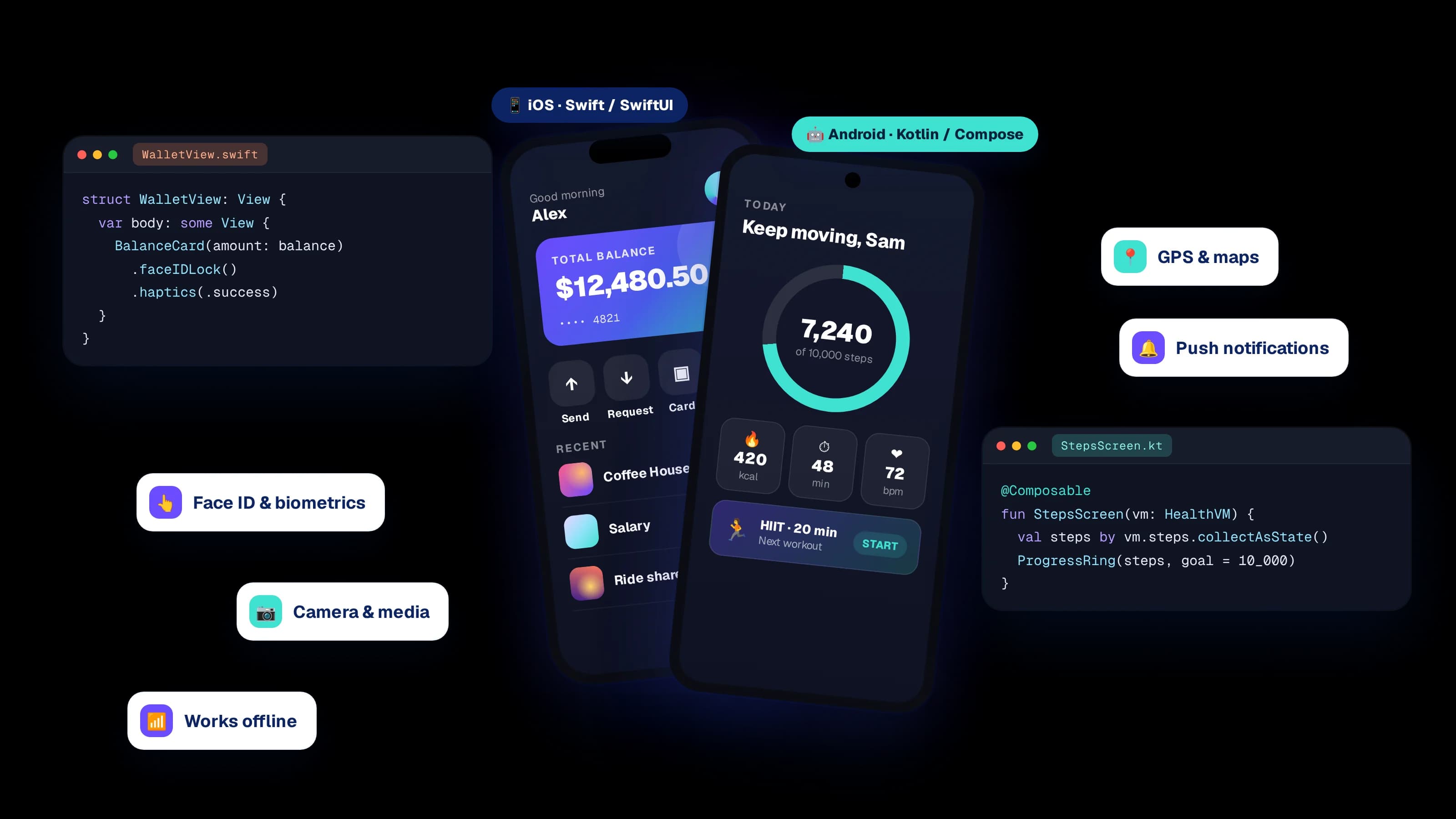 Native mobile app development services by DEVTYX: iOS app in Swift and Android app in Kotlin with Face ID, camera, GPS and push notifications