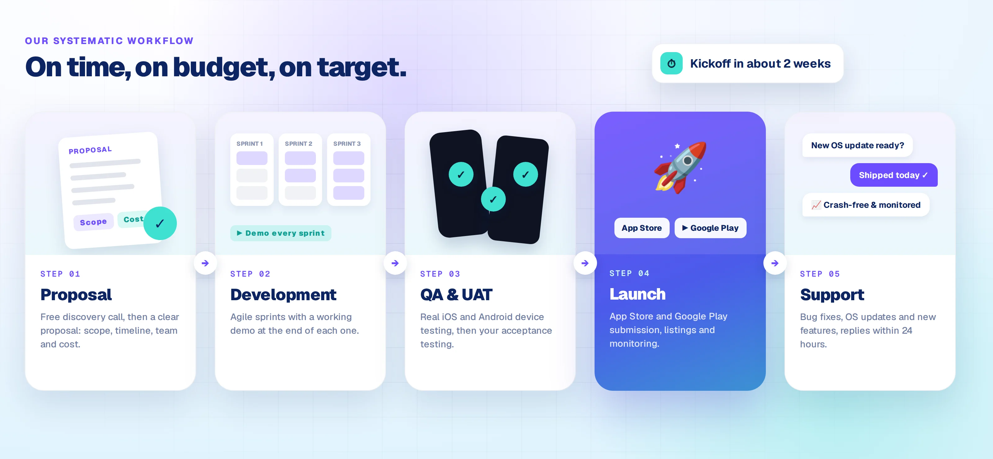 DEVTYX native app development workflow: proposal, development, QA and UAT, App Store and Google Play launch, and ongoing support